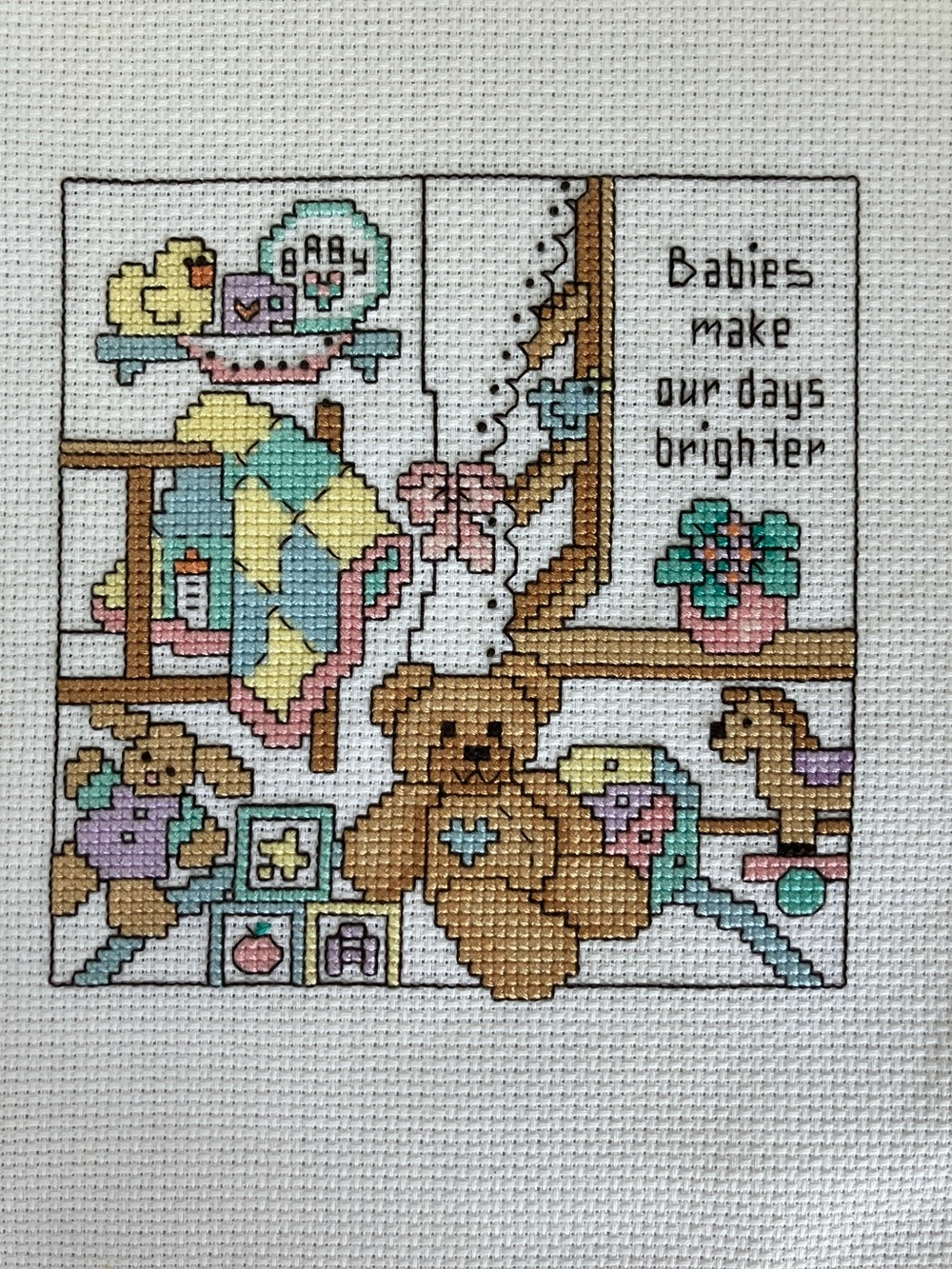 Hand Cross Stitch Baby Nursery Art - Pastel Teddy Toy Blanket‎ Design Aprox 8x11